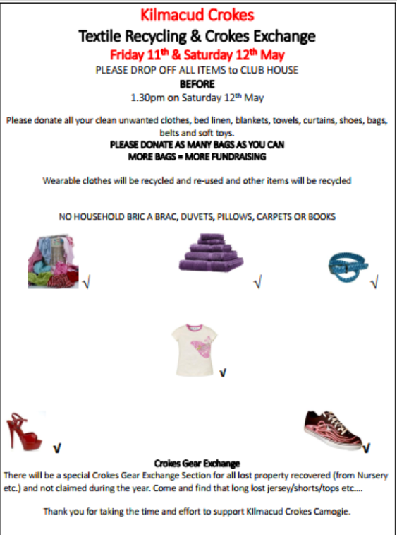 Kilmacud Crokes Textile Recycling & Crokes Exchange  Friday 11th & Saturday 12th May