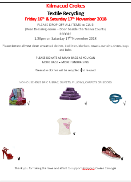 Camogie Textile Recycling  Friday 16th & Saturday 17th November 2018