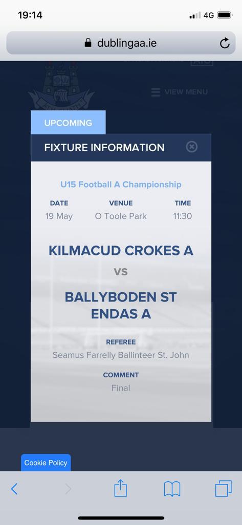 Under 15A Championship Final Sunday May 18th 11:30am O'Toole Park  Kilmacud Crokes V Ballyboden