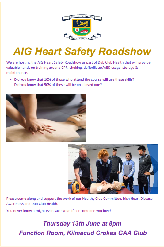 AIG Happy Heart Roadshow At Kilmacud Crokes Thursday June 13th at 8pm in the Function Room