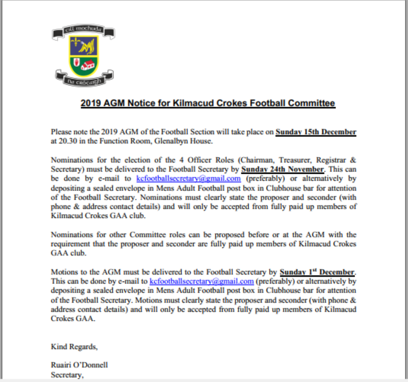 Kilmacud Crokes Football AGM meetining Sunday December 15th 8pm Club Function Room