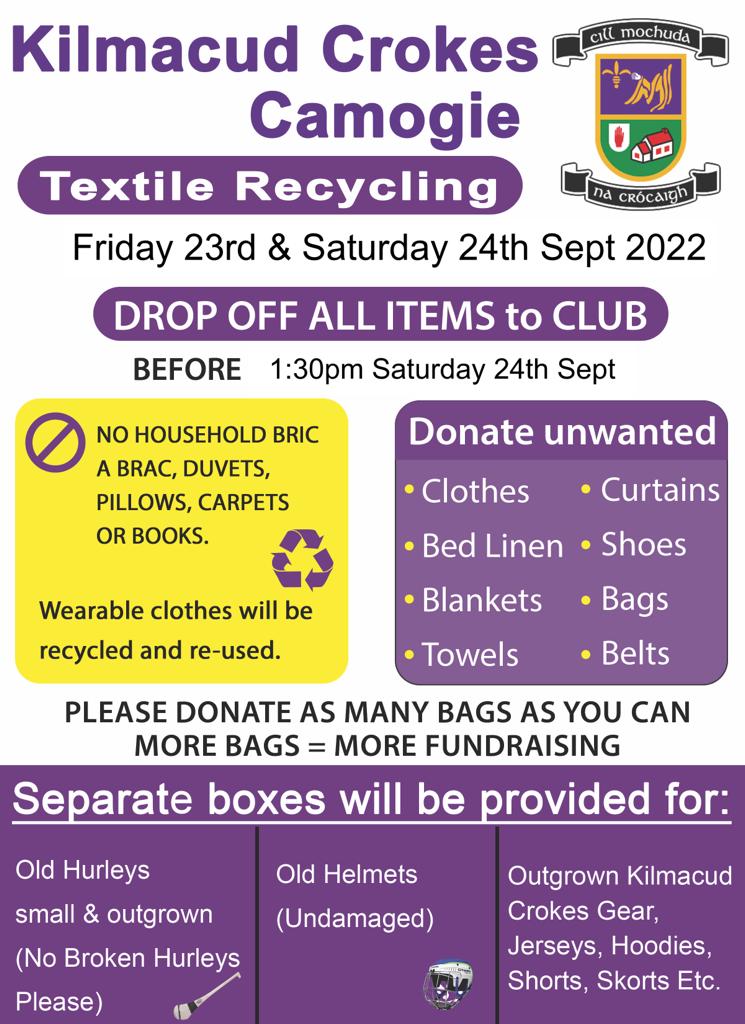 Camogie Fundraising Textile Recycling  Sept 23rd / 24th