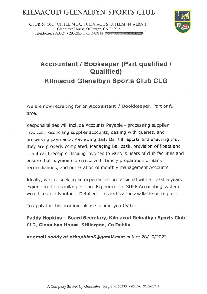 Job Opportunity in Kilmacud Glenalbyn Sports Club 