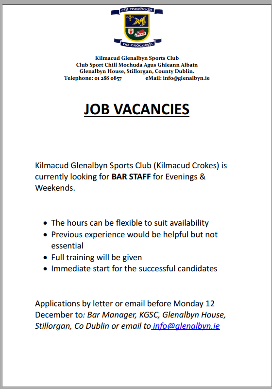 KGSC/Kilmacud Crokes Job Vacancies