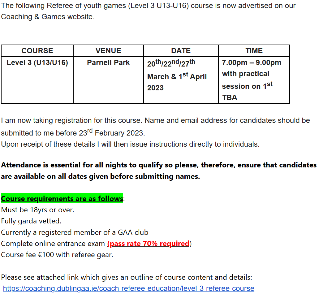 Referee of Youth Games (Level 3) course 20th/22nd/27th March & 1st April 2023