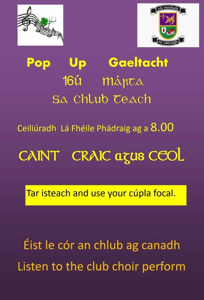 Pop Up Gaeltacht  Thursday March 16th 8pm in Club