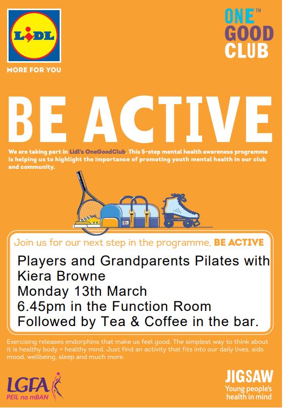 #LidlOneGoodClub Be Active Event- Players & Grandparents Pilates Monday 13th March 6pm to 6.45