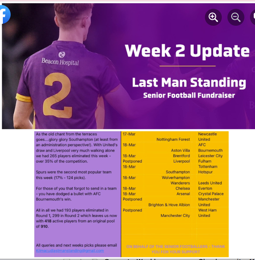 Kilmacud Crokes Senior Football Fundraiser Last Man Standing Week 2 Update