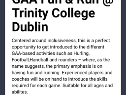 GAA - Fun and Run Introduction Friday September 22nd in Trinity College  6pm - 7:30pm