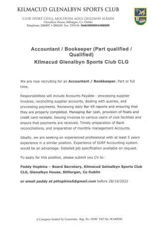 Job Opportunity in Kilmacud Glenalbyn Sports Club 