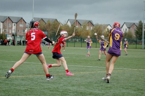 Camogie Girl striking the ball 