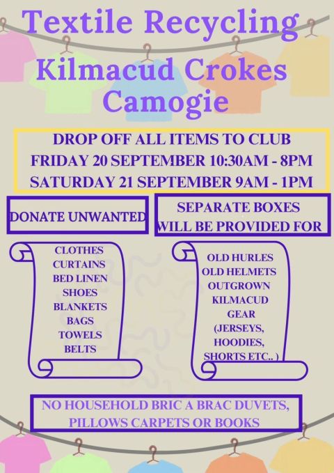 *Reminder* the Kilmacud Crokes Camogie Textile Collection is taking place this weekend 